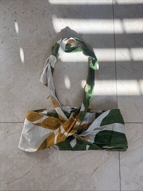 Rachel Zoe Green, White & Mustard Twist Halter Crop Top